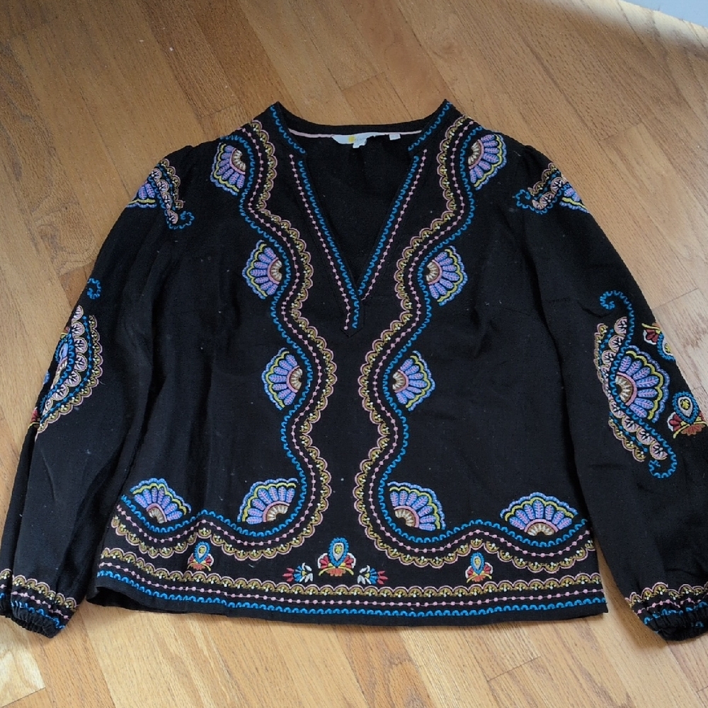 Boden Black Top with Multi Colored Embroidery Details